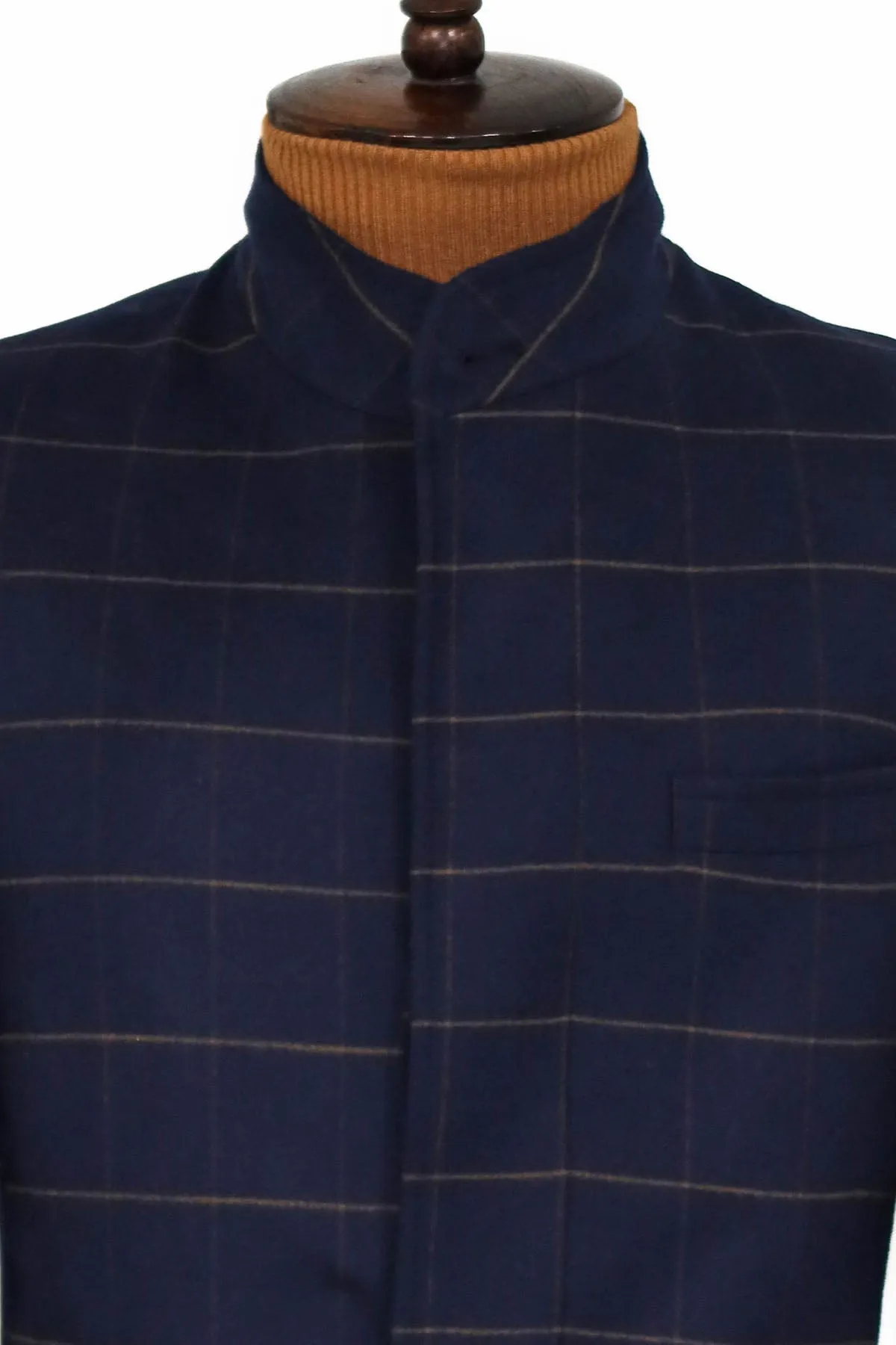 WSS Plaid Standing Collar Navy Blue Men Coat  - Singen
