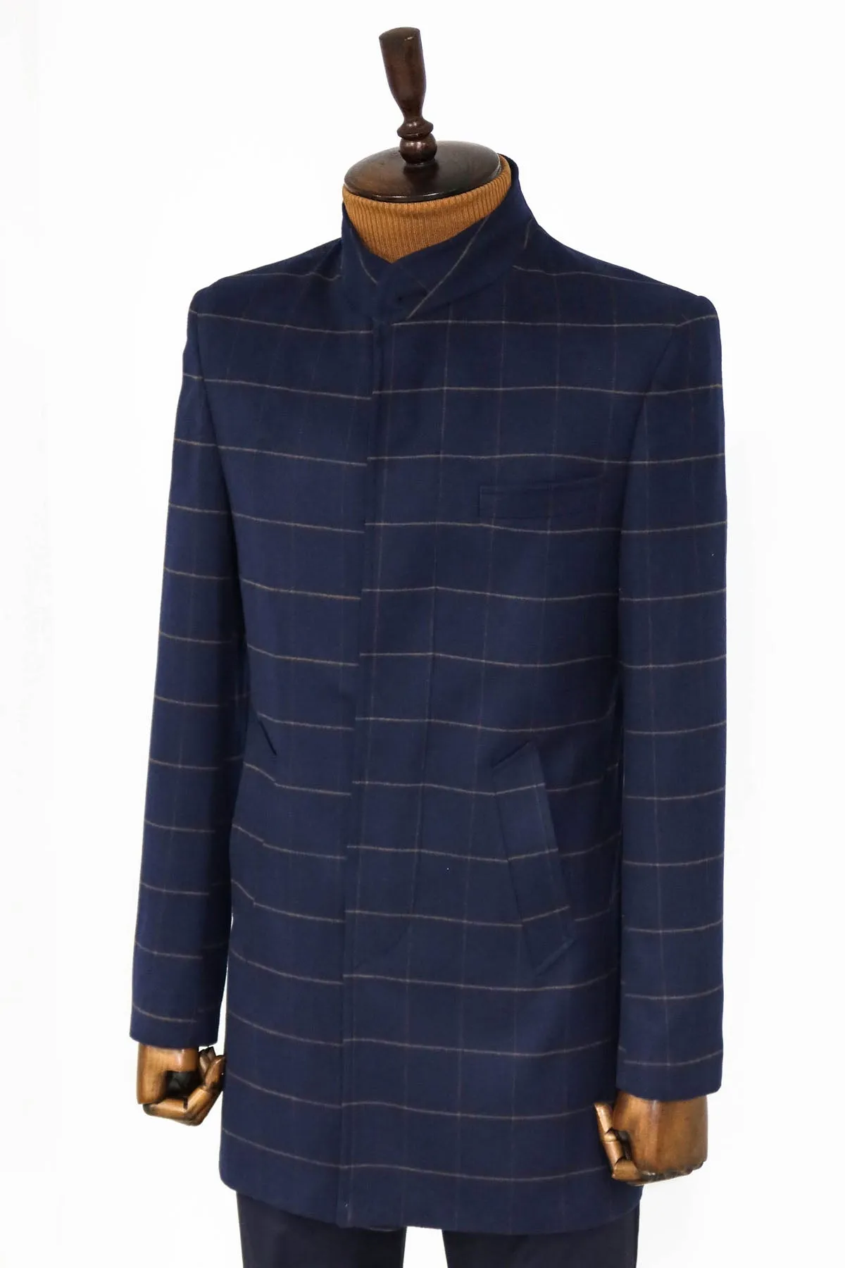 WSS Plaid Standing Collar Navy Blue Men Coat  - Singen