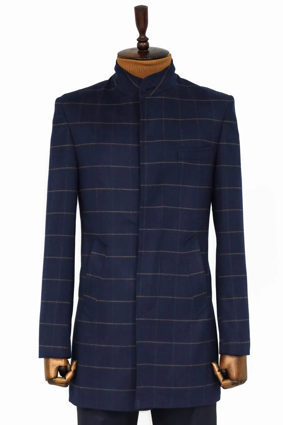 WSS Plaid Standing Collar Navy Blue Men Coat  - Singen