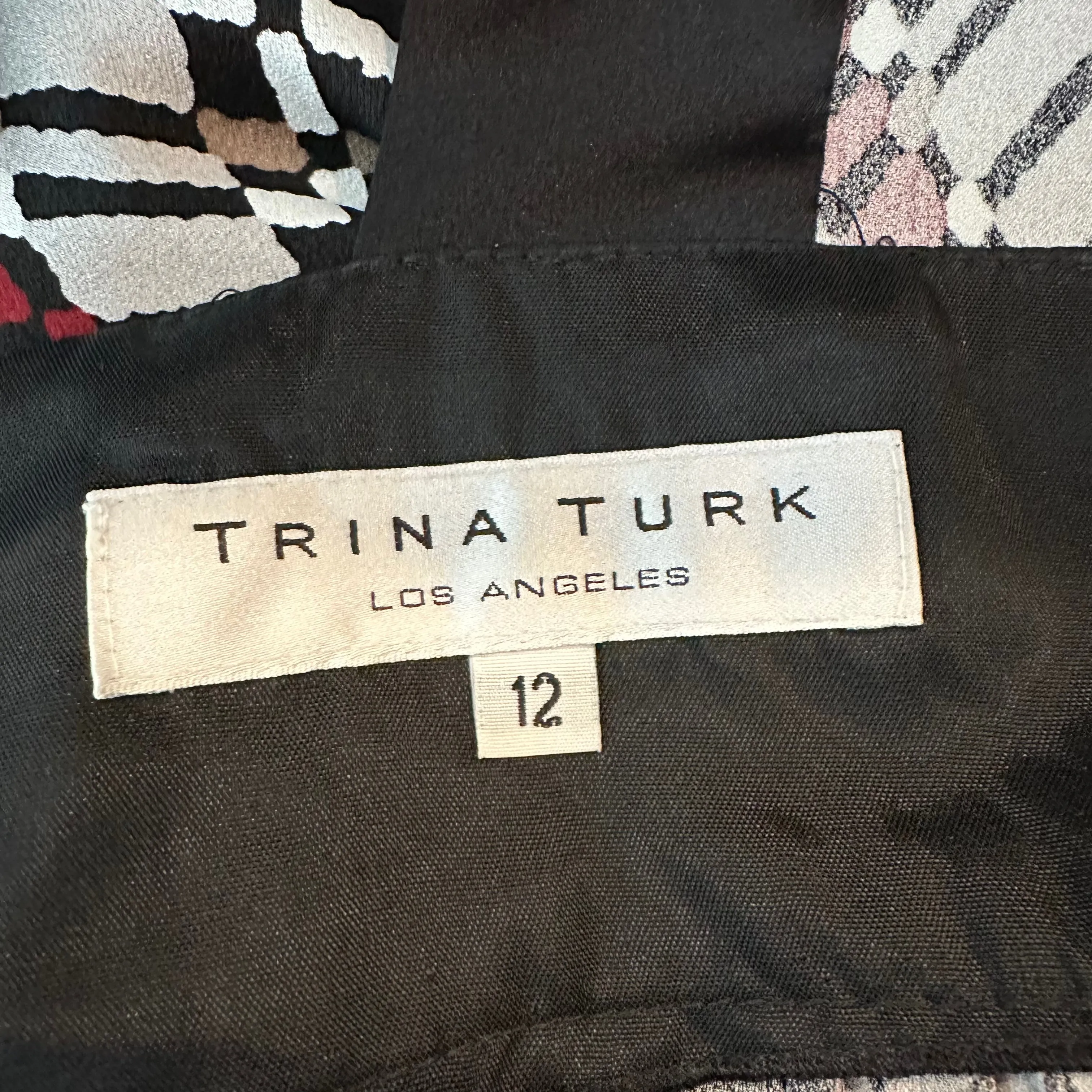 Y2K Trina Turk Silk Dress Geometric Patterned Red Black Grey Kimono Babydoll 12