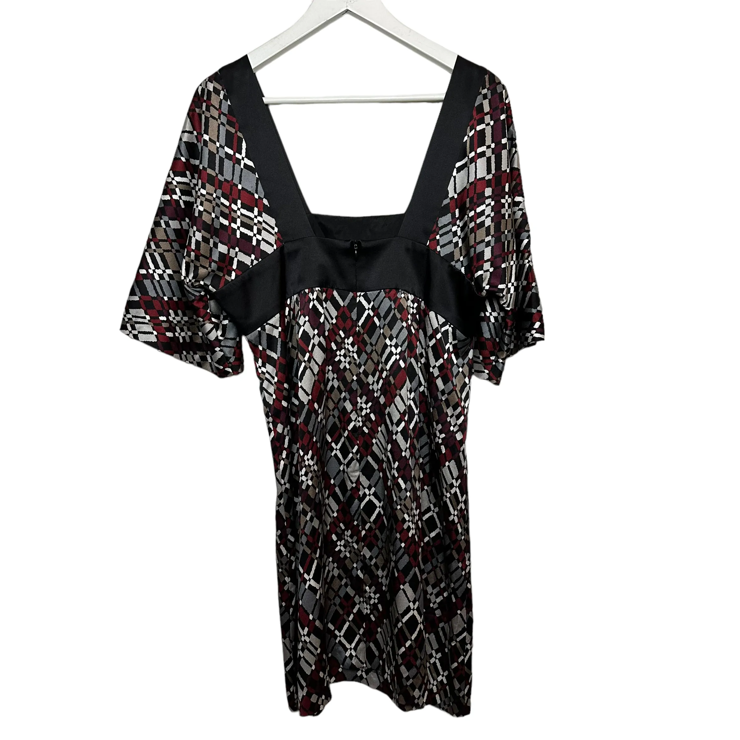 Y2K Trina Turk Silk Dress Geometric Patterned Red Black Grey Kimono Babydoll 12